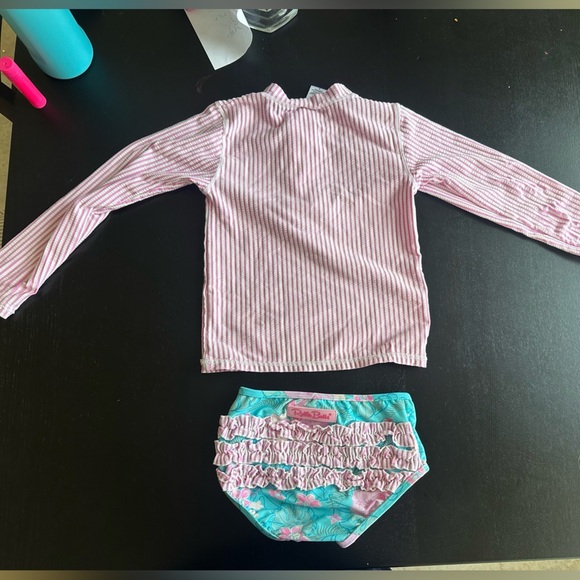 Ruffle Butts Pink Seersucker Rashguard and Tropical bottoms swim set - Picture 2 of 5